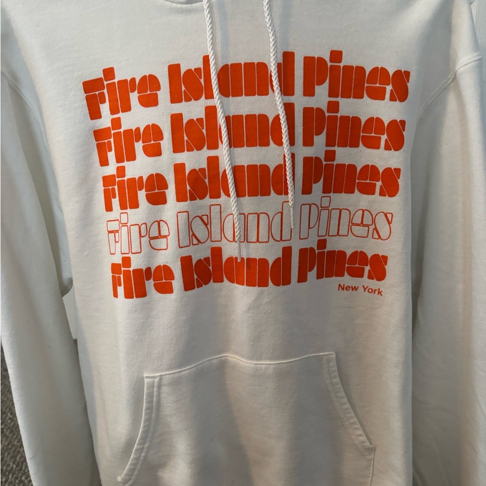 White Fire Island Pines Hoodie with Orange Text